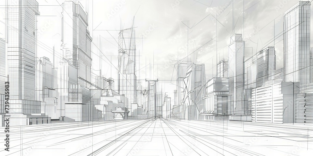 pencil sketch of a big city with skyscrapers, modern design poster, generative AI