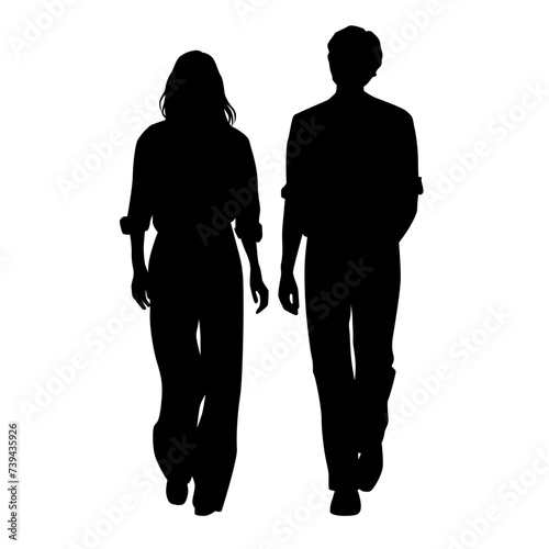 Vector silhouettes of man and woman, couple of walking business people, profile, black color isolated on white background