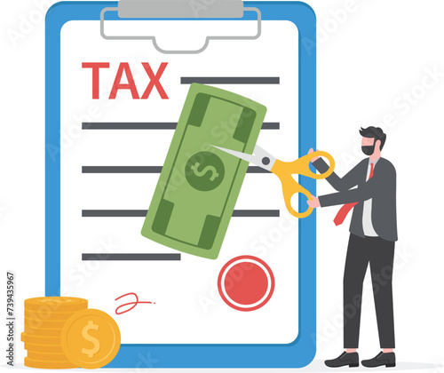 Employee holding scissors to cut banknotes. Reduction of income due to tax deduction for man flat vector illustration.


