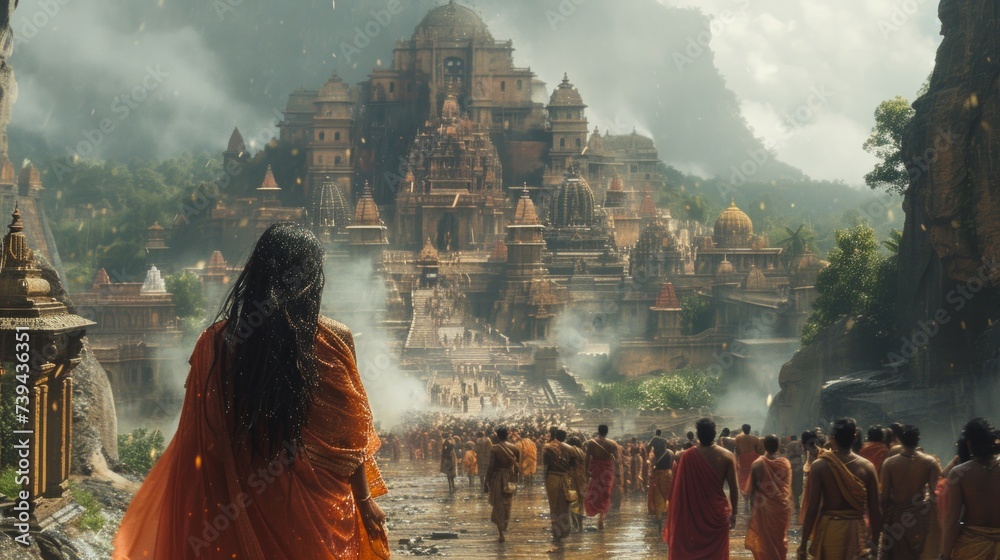 a girl travel to ancient shiva hindu god city in the cloud - obrazy, fototapety, plakaty 