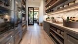 big modern pantry with food storage shelves and cooking supplies