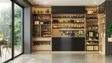 big modern pantry with food storage shelves and cooking supplies