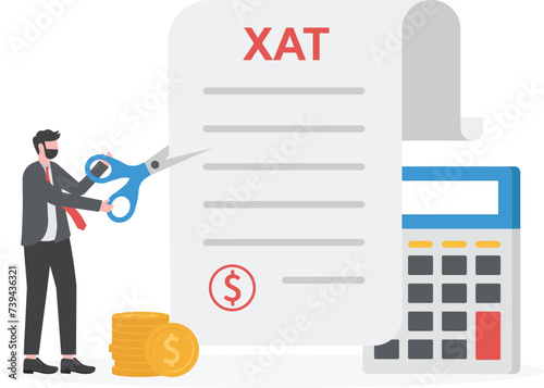 Successful businessman cuts heavy taxes with scissors. Tax deduction. Concept of tax return, optimization, duty, financial accounting.

