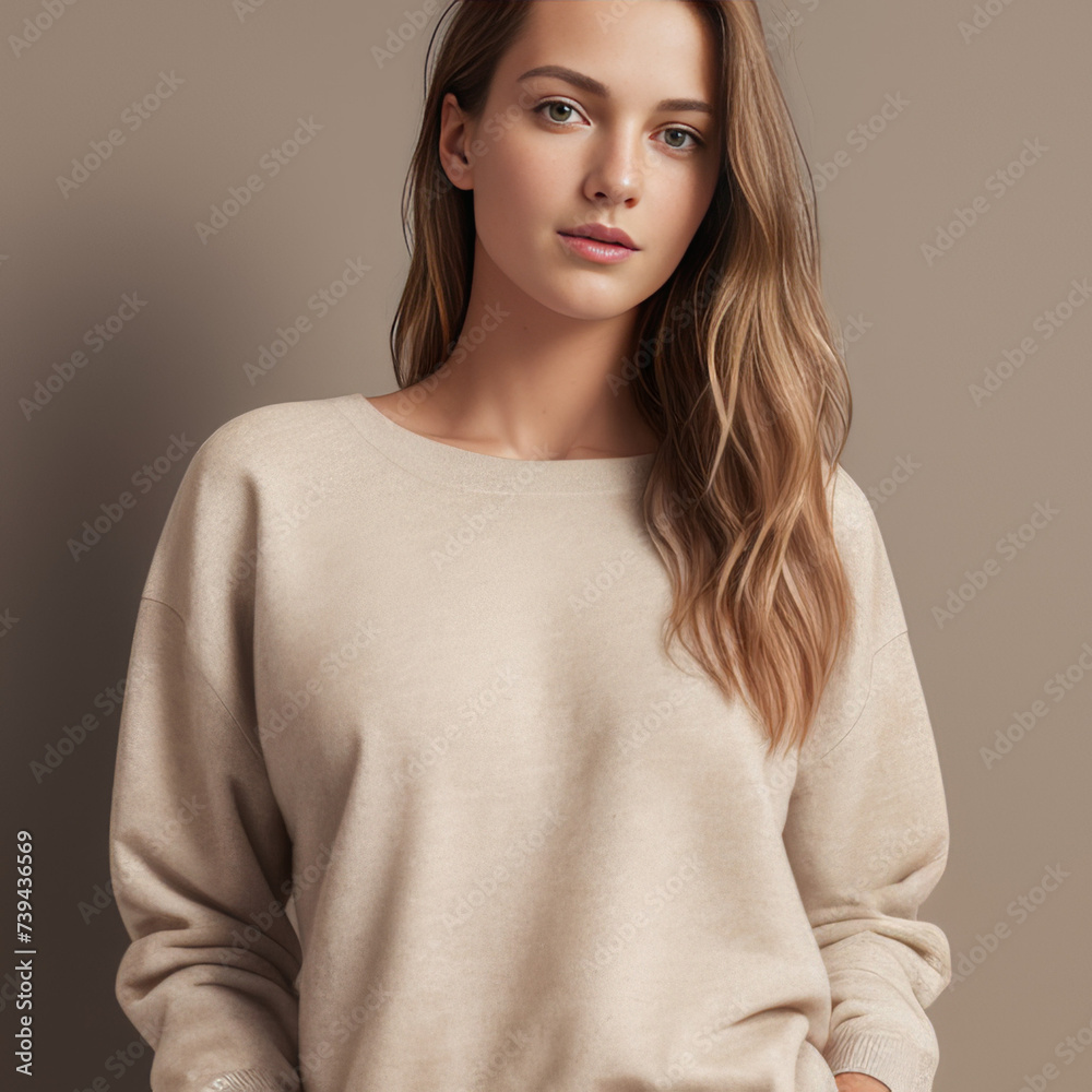 portrait of a woman wearing crewneck sweater on the beach, sweater mockup on beach , summer vibe portrait of a woman wearing crewneck sweater on the beach, sweater mockup on beach , summer vibe