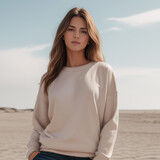 portrait of a woman wearing crewneck sweater on the beach, sweater mockup on beach , summer vibe