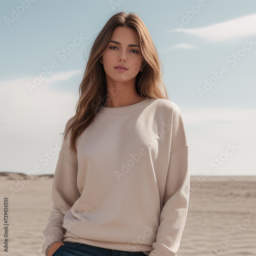 portrait of a woman wearing crewneck sweater on the beach, sweater mockup on beach , summer vibe