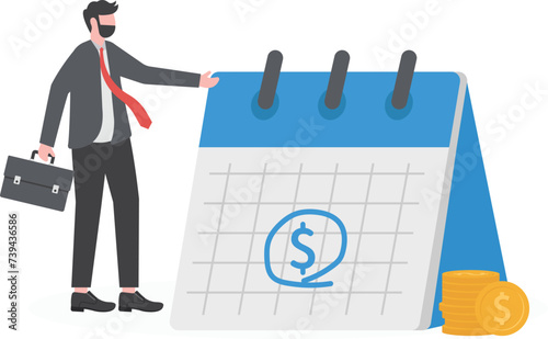 Payment calendar with coin. Concept of payment date, finance calendar, financial stability, pay day, success. Vector illustration in flat design

