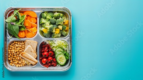 canteen metal tray with fresh healthy food  top view with copy space isolated on turquoise 