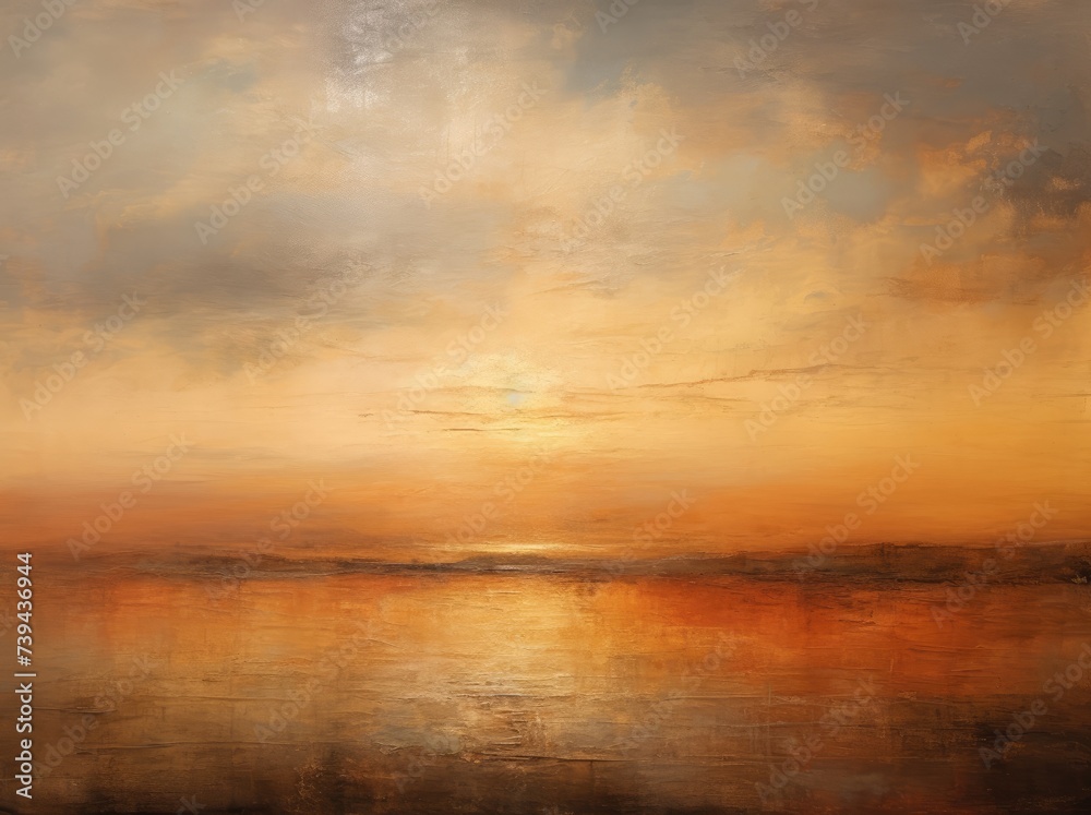 Obraz premium A high-quality painting capturing a vibrant sunset over a reflective body of water, showcasing a blend of warm colors and serene atmosphere.