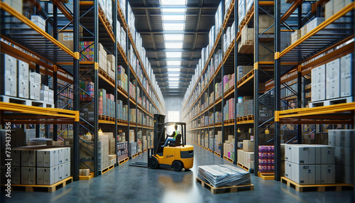 An expansive warehouse interior with high shelves stocked with goods and a forklift in motion, showcasing efficient space utilization and logistics operations.Logistics warehouse concept.AI generated.