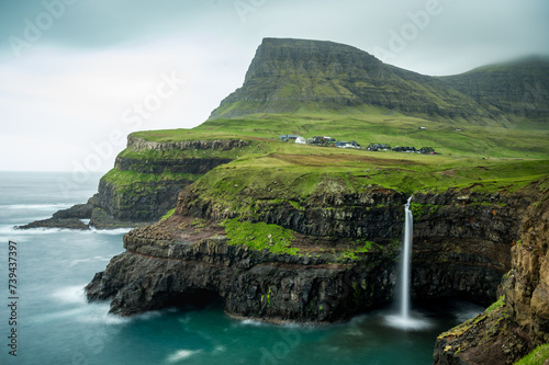 Faroe island waterfall Mulafossur photo