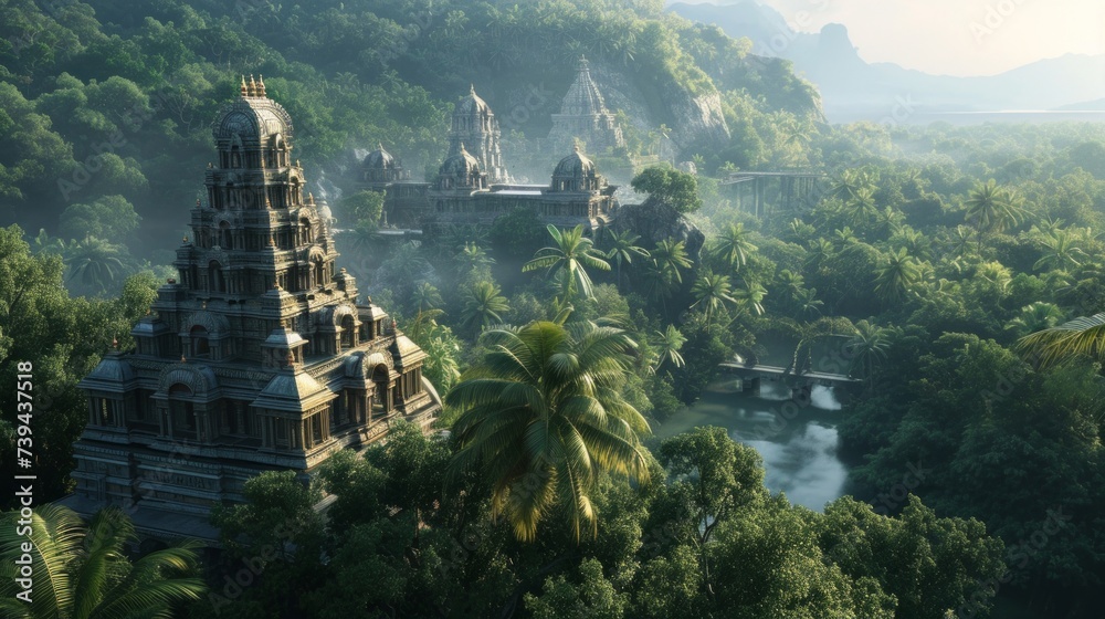 Fototapeta premium a ancient Hindu city in the jungle,Hindu Dravidian architecture