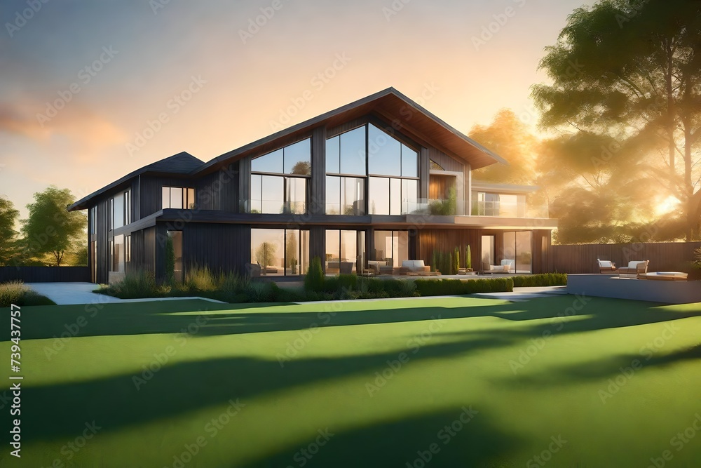 Beautiful exterior of newly home with green grass and blue sky during at sunrise