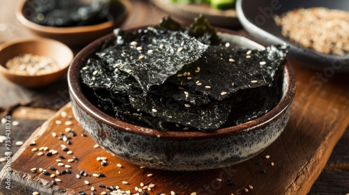 Organic natural seaweed chips. Edible algae superfood. Crispy dried nori  seaweed. Healthy sustainable food concept. photo