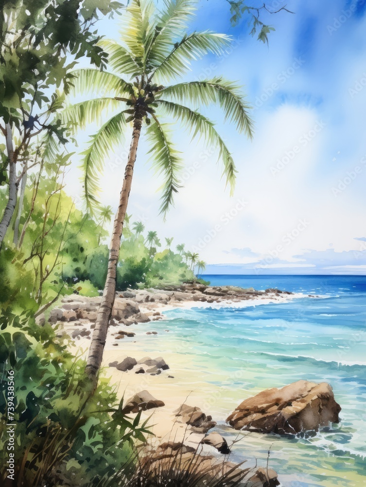 A painting depicting a vibrant tropical beach scene with palm trees swaying under a clear blue sky, capturing the essence of a sunny day by the ocean.