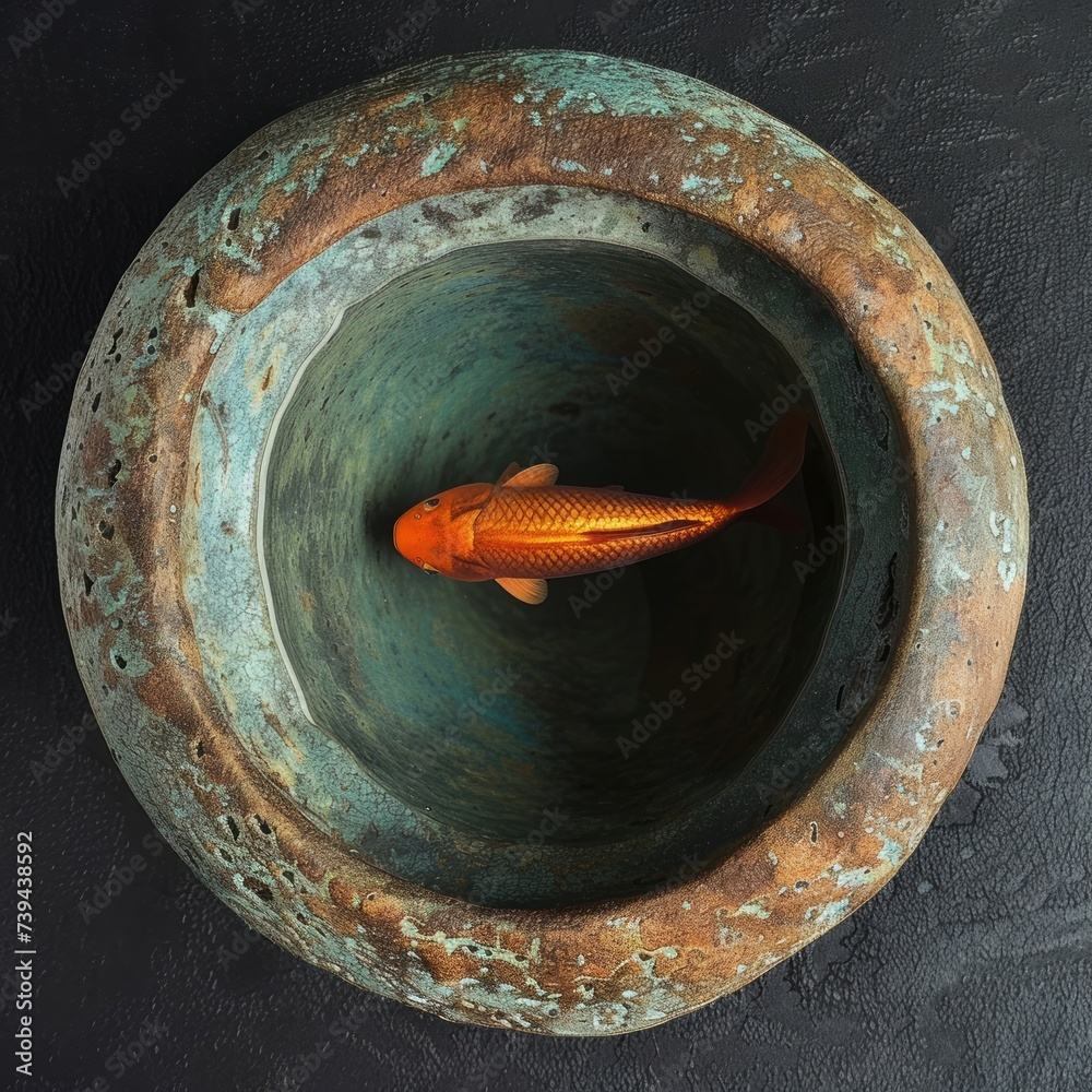 a fish swimming in the hindu ancient small oblong water vase in top view