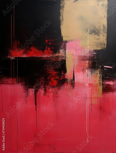 An abstract painting featuring bold red and black colors, creating a striking and dynamic visual composition.