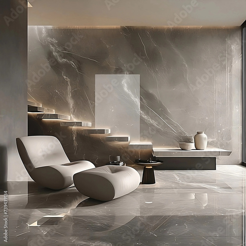 Diseño de sala con escaleras de acceso a parte alta de vivienda en tonos blancos, grises y marrones. Generative AI