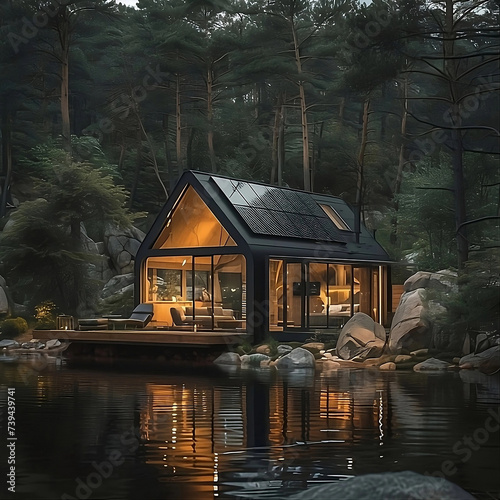 Diseño de vivienda con placas solares en su tejado en plena naturaleza salvaje con un pequeño lago. Generative AI.