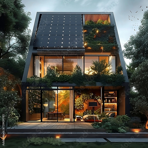Diseño de vivienda con integración arquitectónica de placas solares con amplios ventanales en plena naturaleza. Generative AI. photo