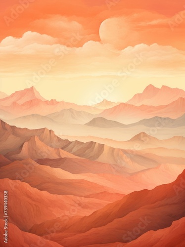 A painting depicting a vibrant sunset casting warm hues over a majestic mountain range, capturing the beauty of nature. © pham