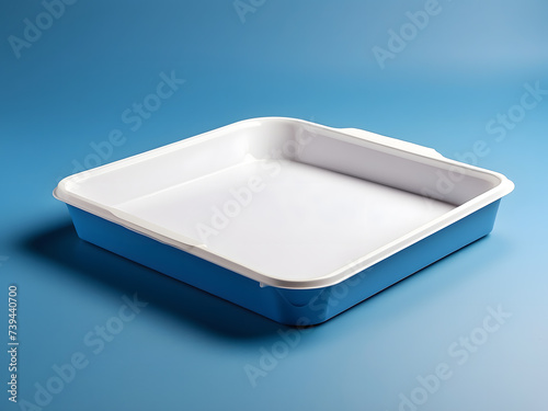 Blue background with a blank, empty plastic or paper tray mockup design.