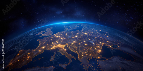 Abstract digital Earth globe from space with Western Europe map, concept of European global network and connectivity, data transfer and cyber technology, information exchange and telecommunication