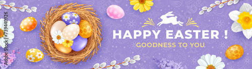 Easter banner template with cute colored eggs in the nest, spring flowers, pussy willow twigs on light purple background with hand drawn pattern on Easter theme and greeting text. Vector illustration