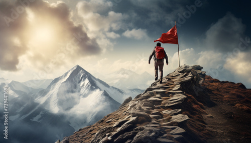 hiker climbing path to flag on mountain top