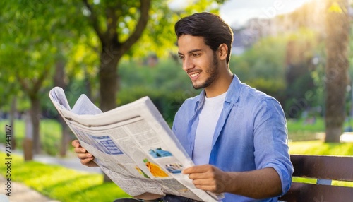 An Indian business person sitting and reading a newspaper with a surprised expression in a park. A young business student smiles while reading the daily news on a bench. photo