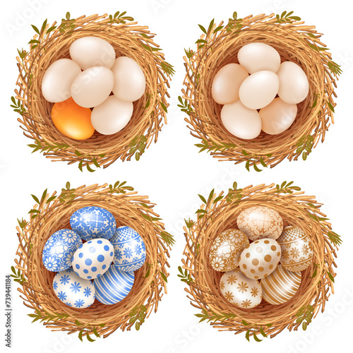 Set of plain or colored and decorated with various patterns Easter eggs in the nest. Top view, design elements for flat lay compositions. Isolated on white background. Vector illustration