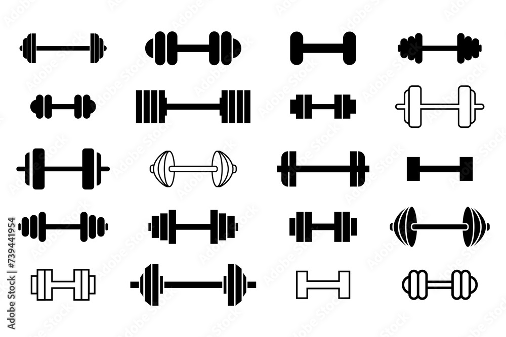 Dumbbells for the gym, icon set. Barbells black symbols. Vector illustration isolated on white background. Dumbbells for the gym, icon set. Barbells black symbols. Vector illustration isolated on white background.