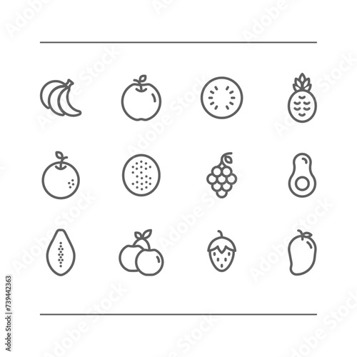 LINES. Fruits and berries flat icons. Apple, lemon, pineapple, avocado, orange, banana, strawberry etc. Delicious fruits icons and berries. Vector icons set Black and white