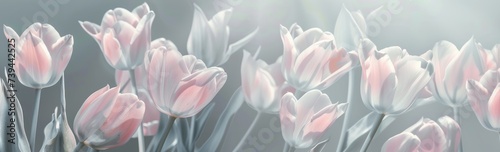 banner delicate Pink tulips on gentle grey background, spring symbol concept, background for congratulations © iloli