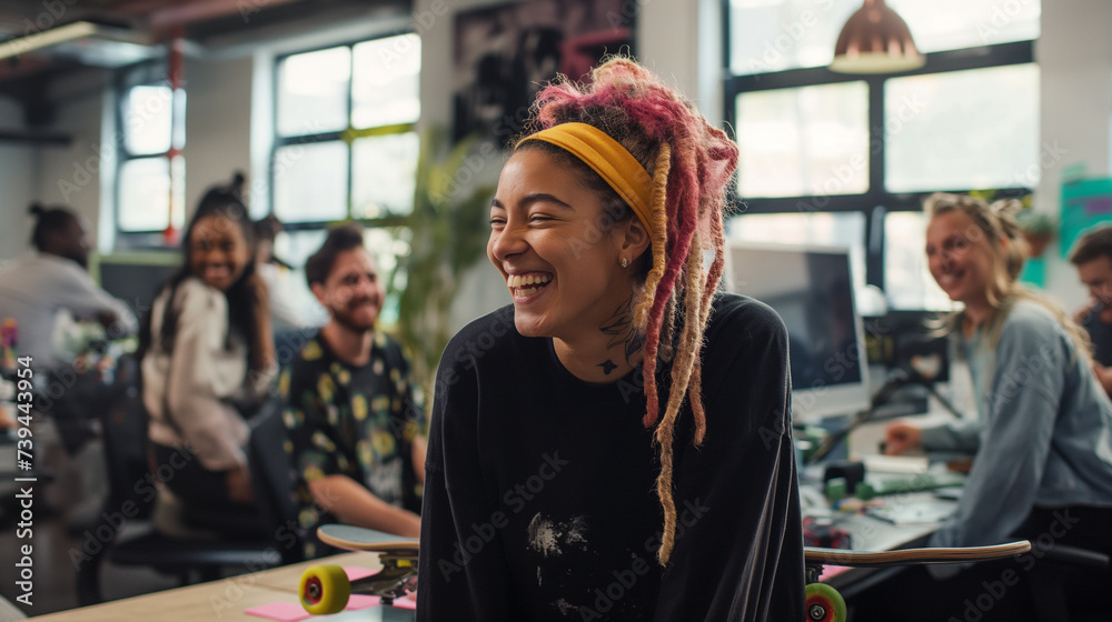 Joyful Creative Professional with Dreadlocks in a Casual Office Environment