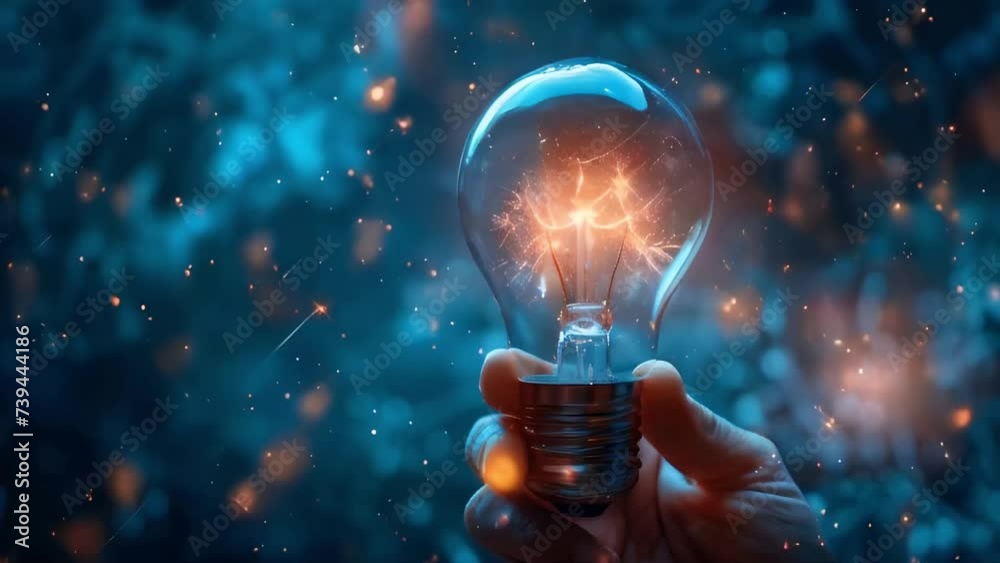a hand holding a light bulb glowing with a few sparks around it, new idea concept