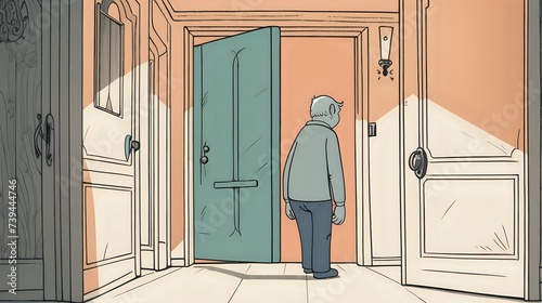 An endearing illustration of a disappointed character walking away from a closed door. photo