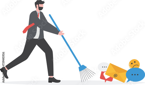 Man with a broom sweeps away mail, spam, likes, and reposts. Concept of digital detox, disconnecting, mediastika, device free zone, internet addiction. Vector illustration in flat design.
