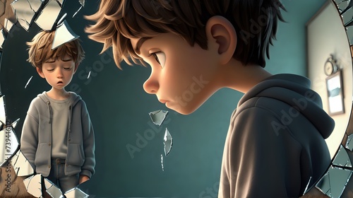 A beautiful image of a sad animated boy looking at a cracked mirror, metaphorically reflecting shattered dreams. photo