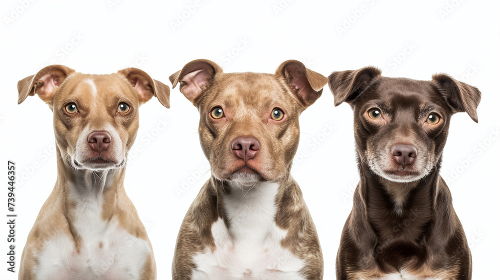 Tres perros sentados de frente a la cámara con fondo blanco,  retrato de estudio de mascotas domésticas para fondo o web