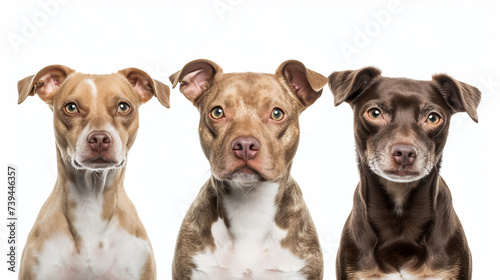 Tres perros sentados de frente a la cámara con fondo blanco, retrato de estudio de mascotas domésticas para fondo o web