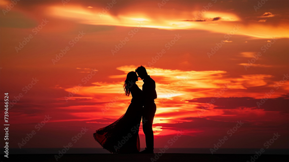 A silhouette of a couple is captured in a loving embrace as they stand on the beach, with the backdrop of a dramatically colored sunset sky,