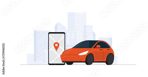 Vector illustration of autonomous online car sharing service controlled via smartphone app.