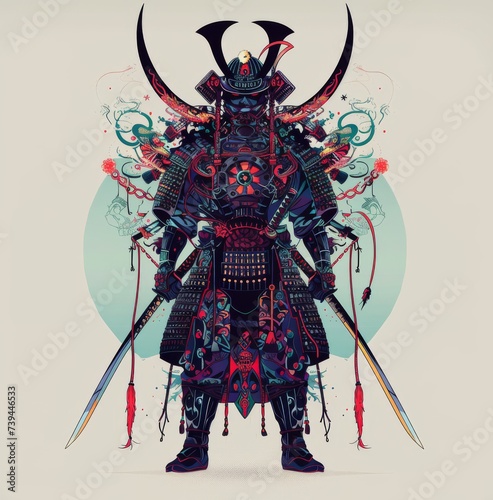 Samurai standing, sword ready, stoic