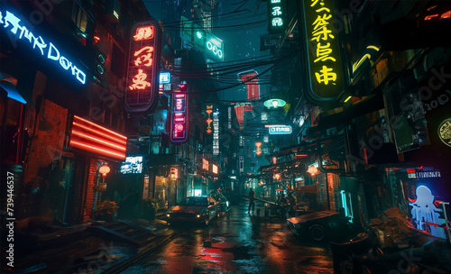 The photograph captures a stunning urban scene of a bustling Asian city street at night, soaked under a gentle rain. Neon signs in various languages glow vibrantly, 
