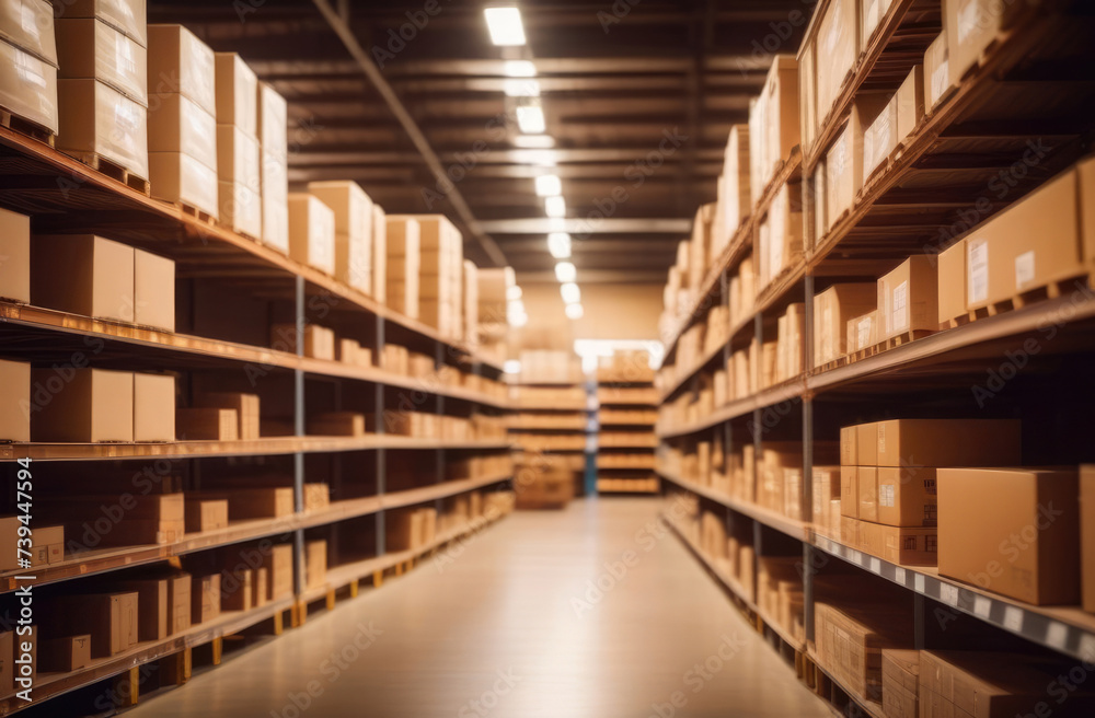Warehouse or storehouse with rows of boxes. Shallow depth of field