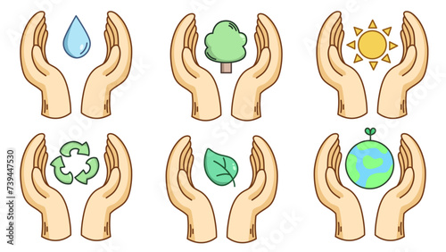 Color vector illustration on the theme of ecology with hands and objects in them. Planet, sprout, recycling, sun