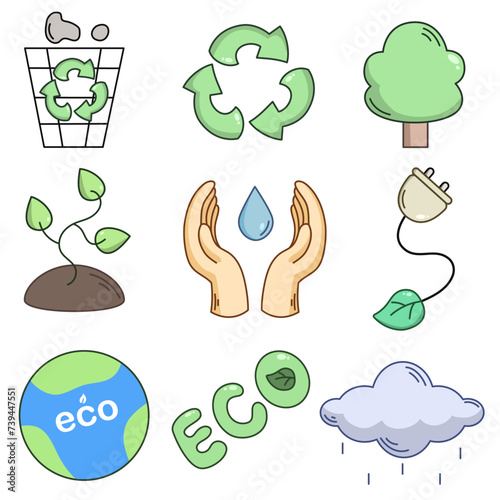 Colored vector icons on the topic of ecology. Recycling, sprout, planet, inscription, hands, charging, eco, clouds