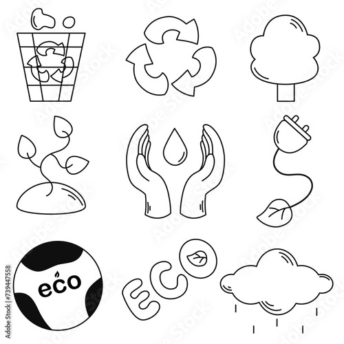 Black and white vector icons on the topic of ecology. Recycling, sprout, planet, inscription, hands, charging, eco, clouds