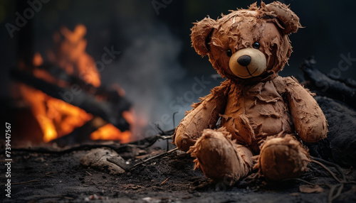sad war burnt teddy bear toy for lost childhood